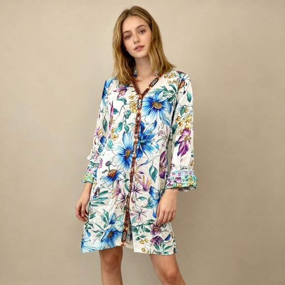 NWOT Johnny Was Floral Long Sleeves Embroidered Button-Down Shirt Dress Size S - Picture 1 of 16
